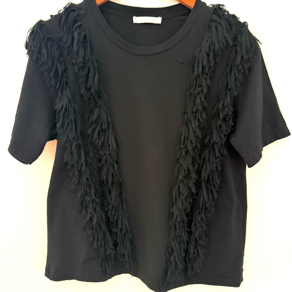 Zara Black Fringe Front Detail Women's Top Tee Shirt BLOUSE Short Sleeve Size S